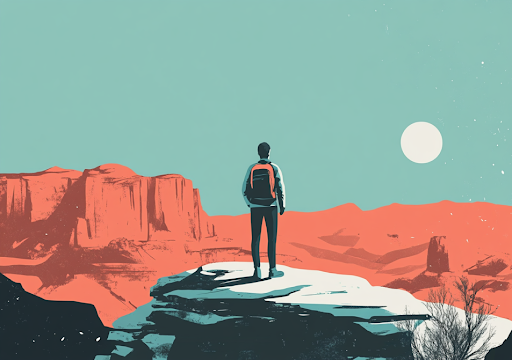 A stylized illustration of a hiker with a backpack standing on a cliff, overlooking a vast red rock desert landscape